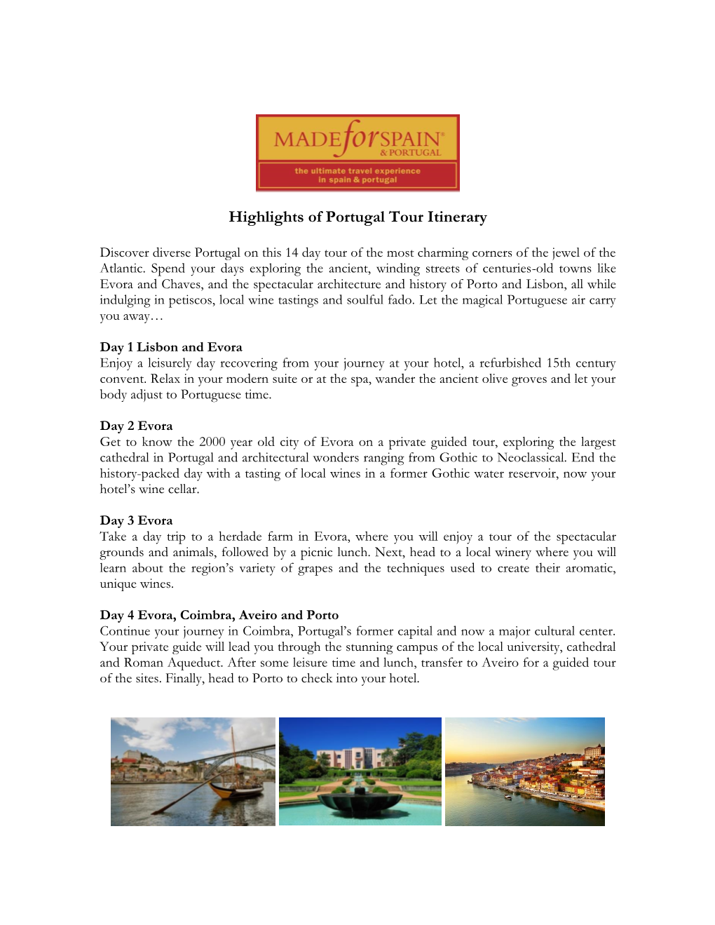 Highlights of Portugal Tour Itinerary