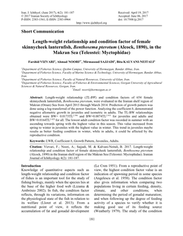 Length-Weight Relationship and Condition Factor of Female Skinnycheek Lanternfish, Benthosema Pterotum (Alcock, 1890), in the Makran Sea (Teleostei: Myctophidae)