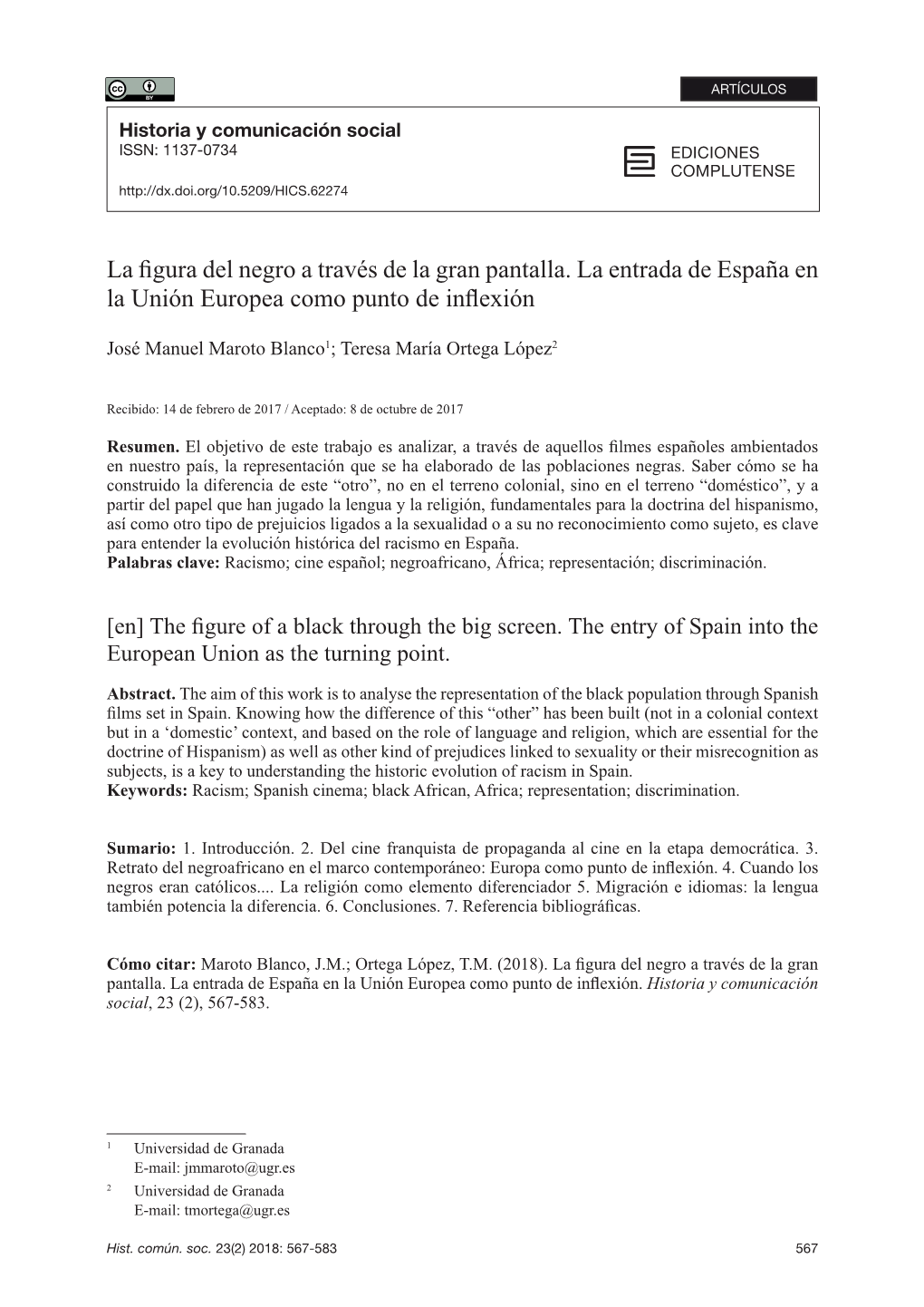 La Figura Del Negro a Través De La Gran Pantalla. La Entrada De España En La Unión Europea Como Punto De Inflexión