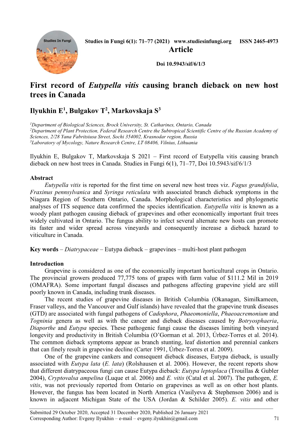 First Record of Eutypella Vitis Causing Branch Dieback on New Host Trees in Canada