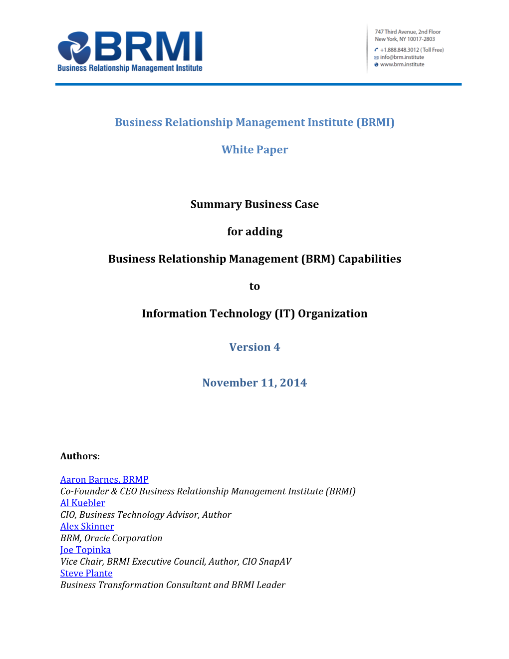 Business Relationship Management Institute (BRMI) White Paper