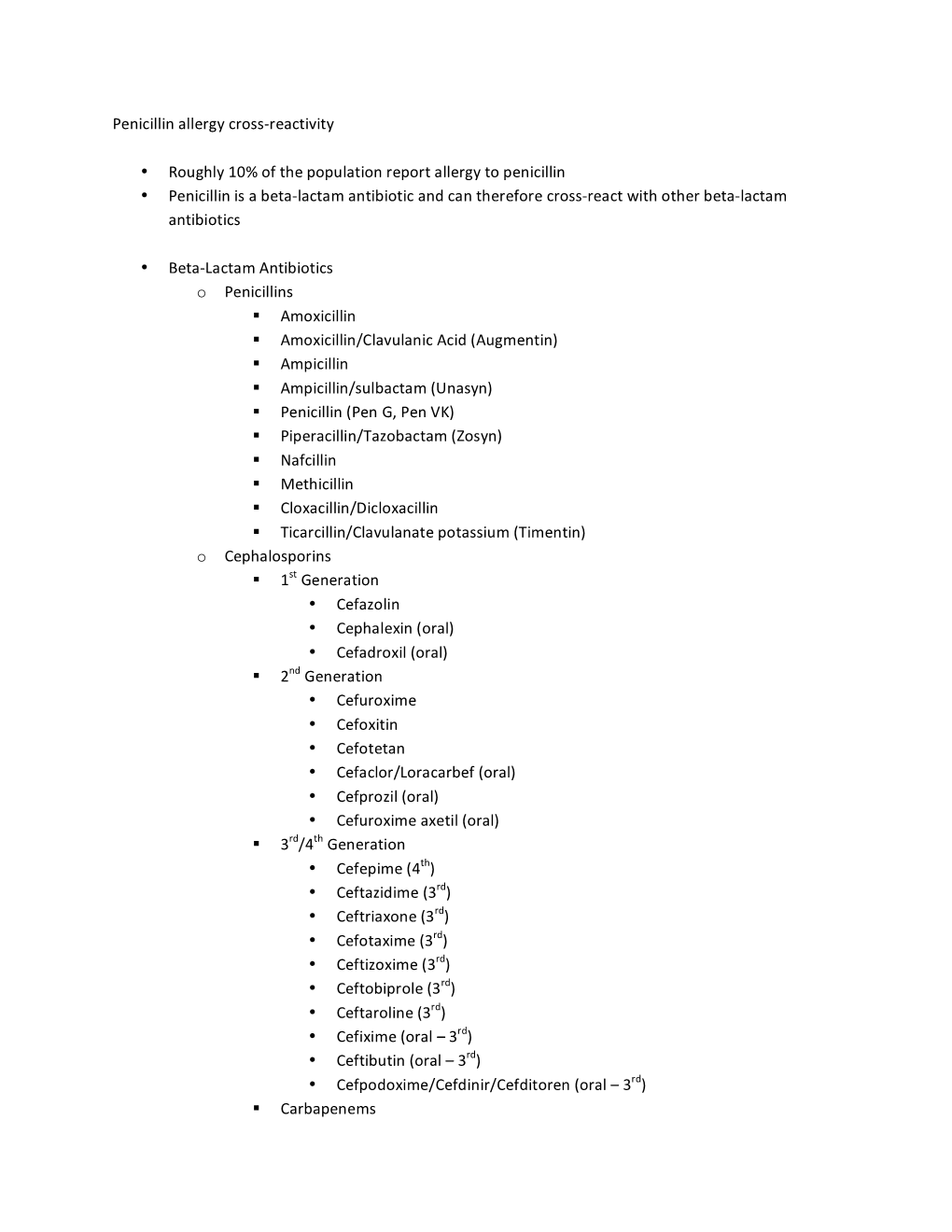 Penicillin Allergy Cross-‐Reactivity • Roughly 10% of the Population