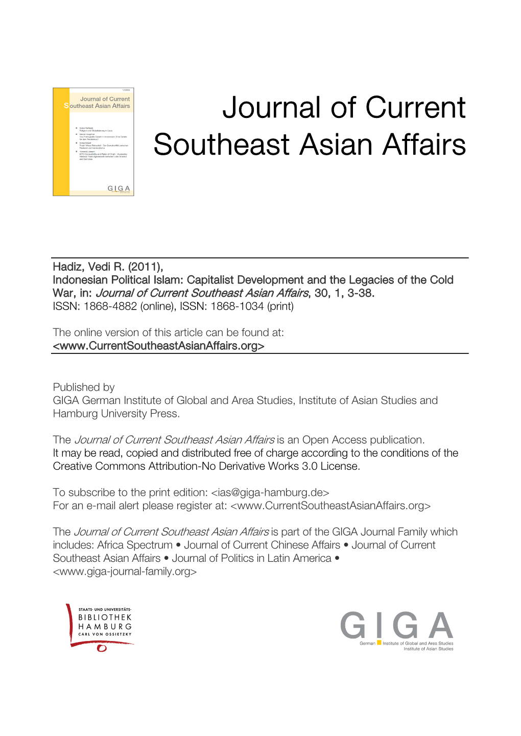 Indonesian Political Islam: Capitalist Development and the Legacies of the Cold War, In: Journal of Current Southeast Asian Affairs, 30, 1, 3-38