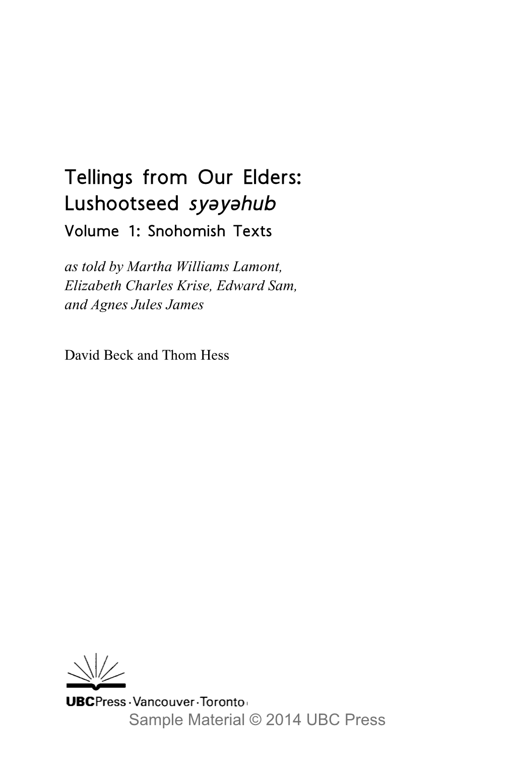 Tellings from Our Elders | Volume 1: Snohomish Texts