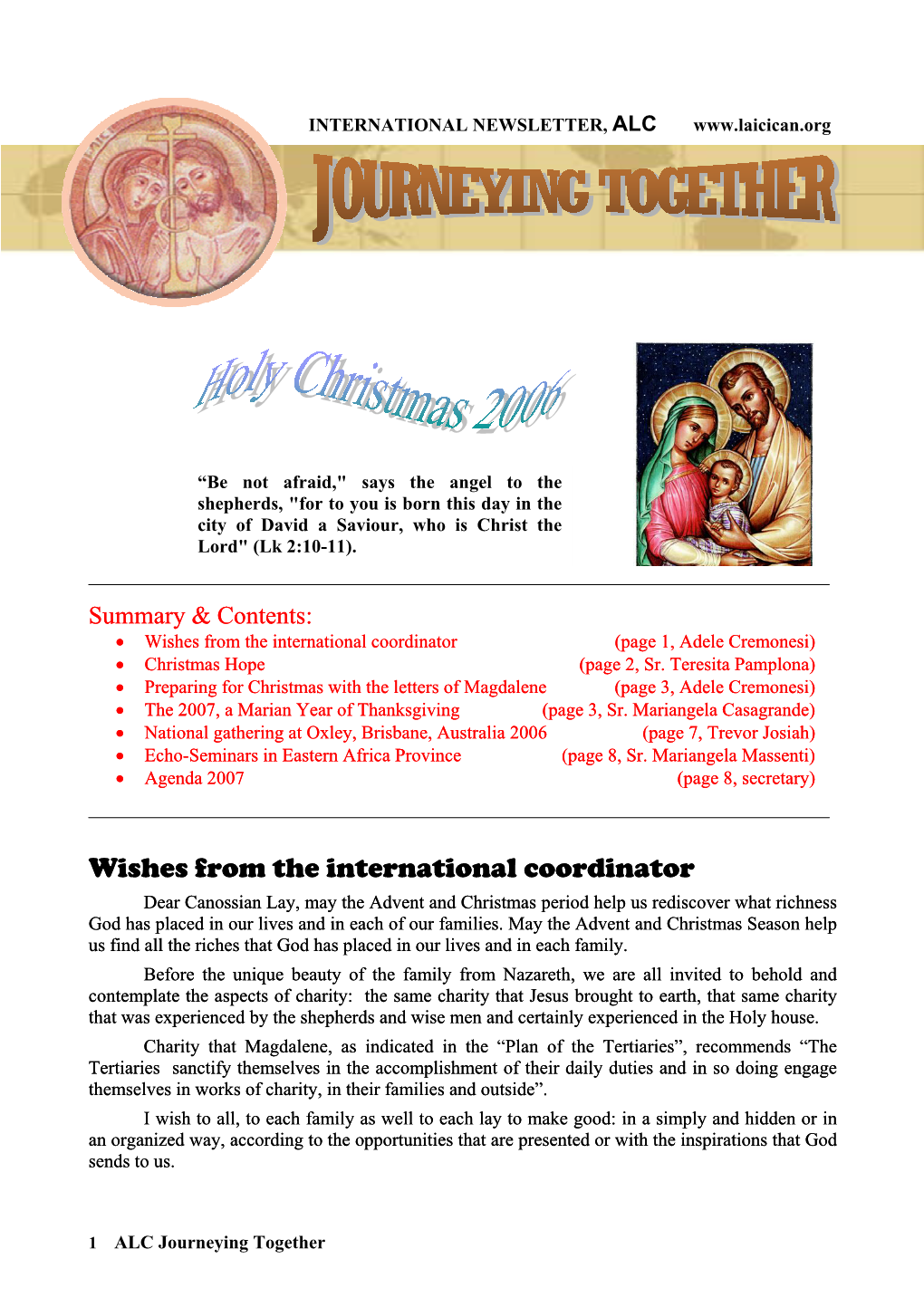 Wishes from the International Coordinator (Page 1, Adele Cremonesi) • Christmas Hope (Page 2, Sr