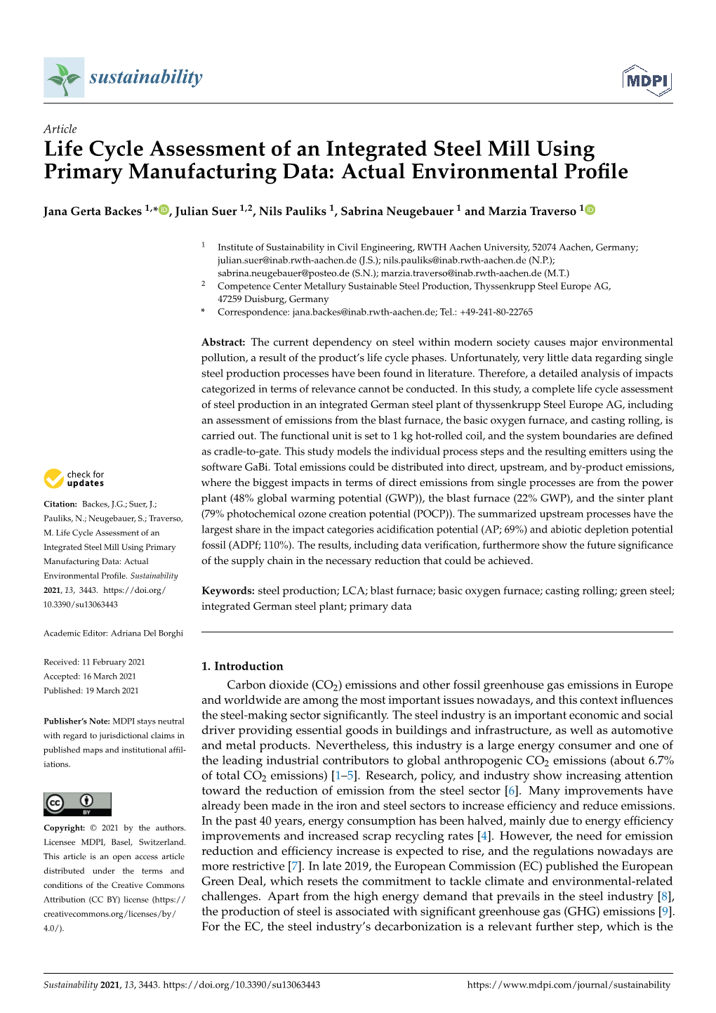 Life Cycle Assessment of an Integrated Steel Mill Using Primary Manufacturing Data: Actual Environmental Proﬁle