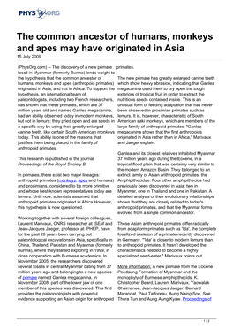 The Common Ancestor of Humans, Monkeys and Apes May Have Originated in Asia 15 July 2009