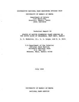 COOPERATIVE NATIONAL PARK RESOURCES STUDIES UNIT UNIVERSITY of HAWAII MANOA Department of Botany 3190 Maile Way Honolulu, Hawaii, 96822 (808) 948-8218