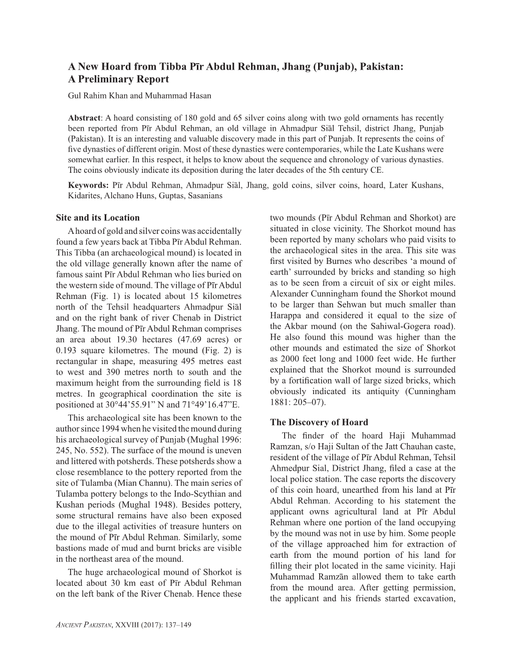 A New Hoard from Tibba Pīr Abdul Rehman, Jhang (Punjab), Pakistan: a Preliminary Report Gul Rahim Khan and Muhammad Hasan