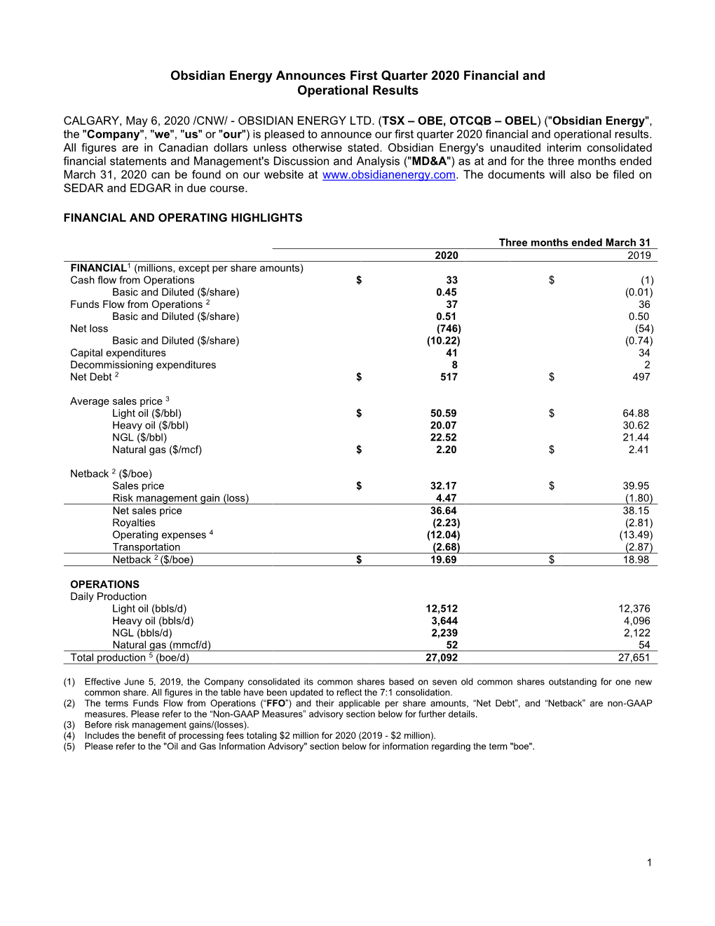 Obsidian Energy Ltd--Obsidian Energy Announces First Quarter