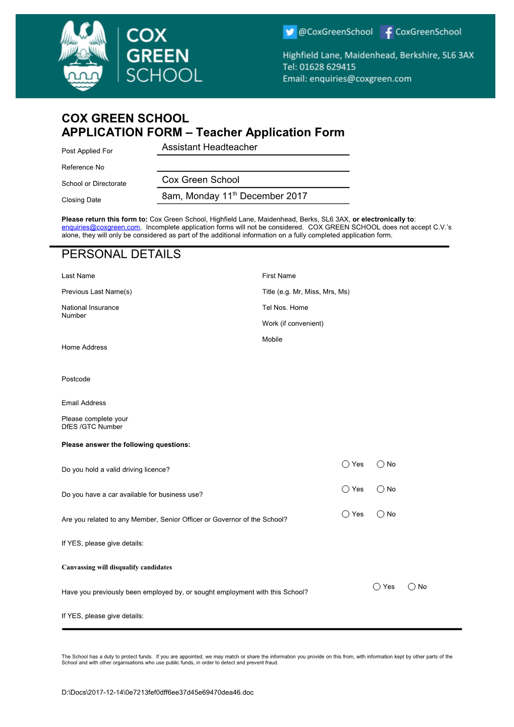 APPLICATION FORM Teacher Application Form
