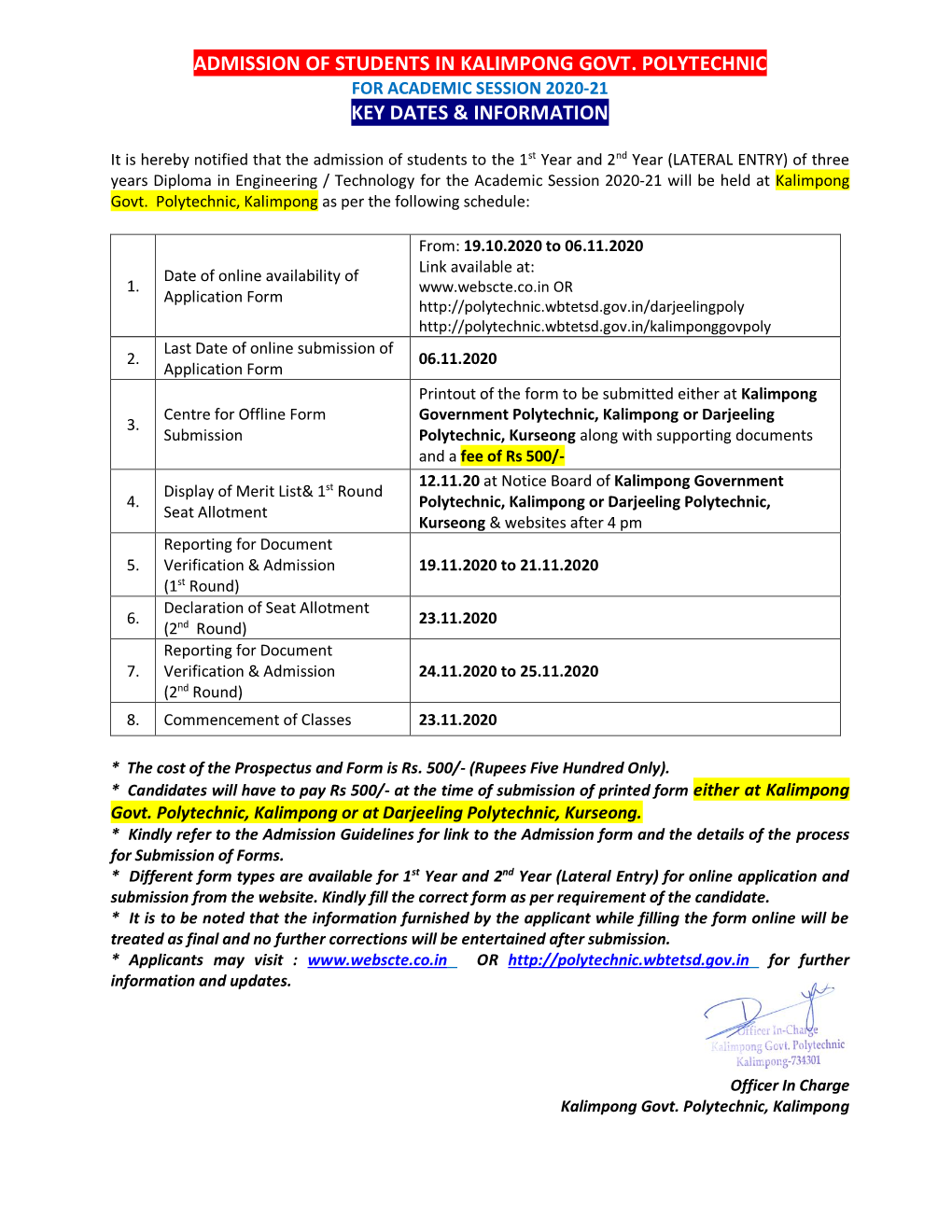 Admission of Students in Kalimpong Govt