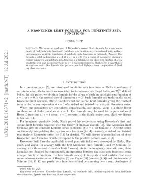 Arxiv:2010.16371V2 [Math.NT] 12 Jul 2021 Kronecker Limit Formulas, Which Correspond to the Positive Deﬁnite Case, in [3]