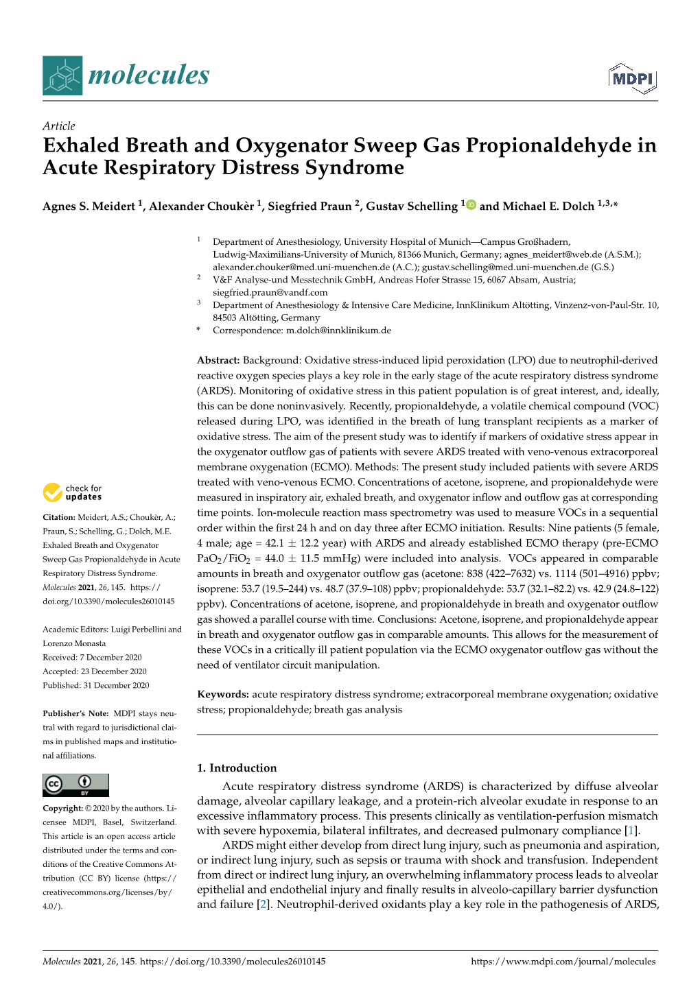Exhaled Breath and Oxygenator Sweep Gas Propionaldehyde in Acute Respiratory Distress Syndrome