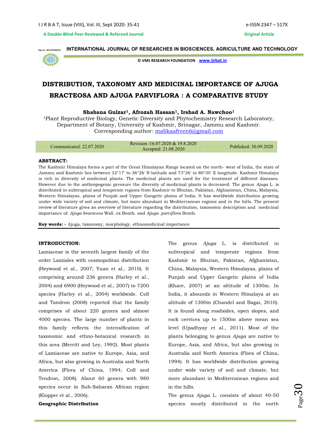 Distribution, Taxonomy and Medicinal Importance of Ajuga Bracteosa and Ajuga Parviflora : a Comparative Study