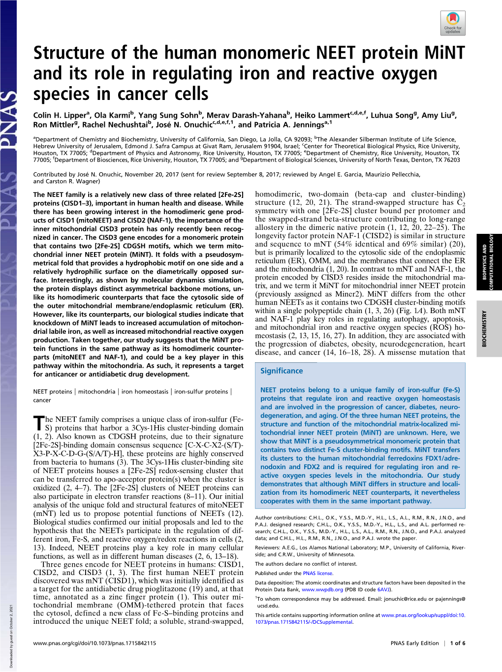 Structure of the Human Monomeric NEET Protein Mint and Its Role in Regulating Iron and Reactive Oxygen Species in Cancer Cells