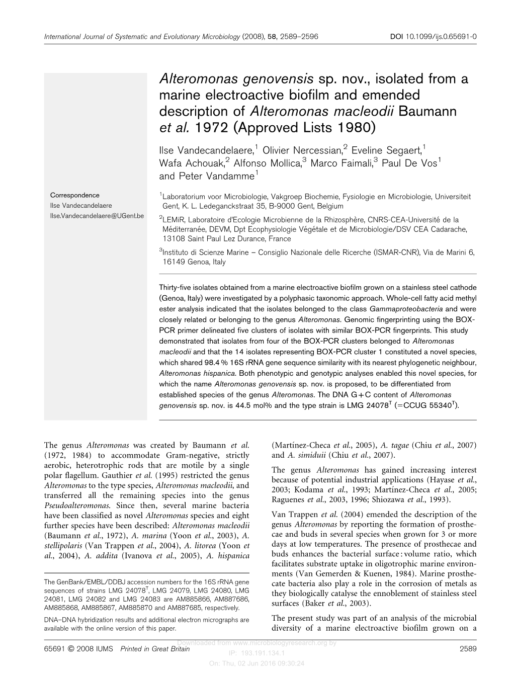 Alteromonas Genovensis Sp. Nov., Isolated from a Marine Electroactive Biofilm and Emended Description of Alteromonas Macleodii Baumann Et Al