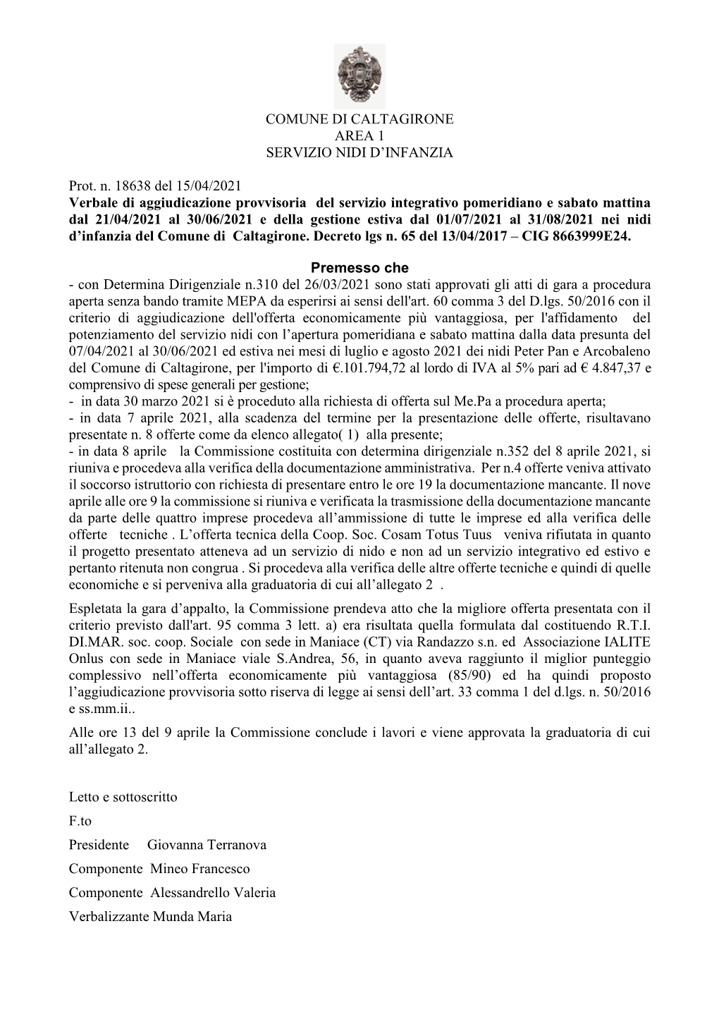 Comune Di Caltagirone Area 1 Servizio Nidi D’Infanzia