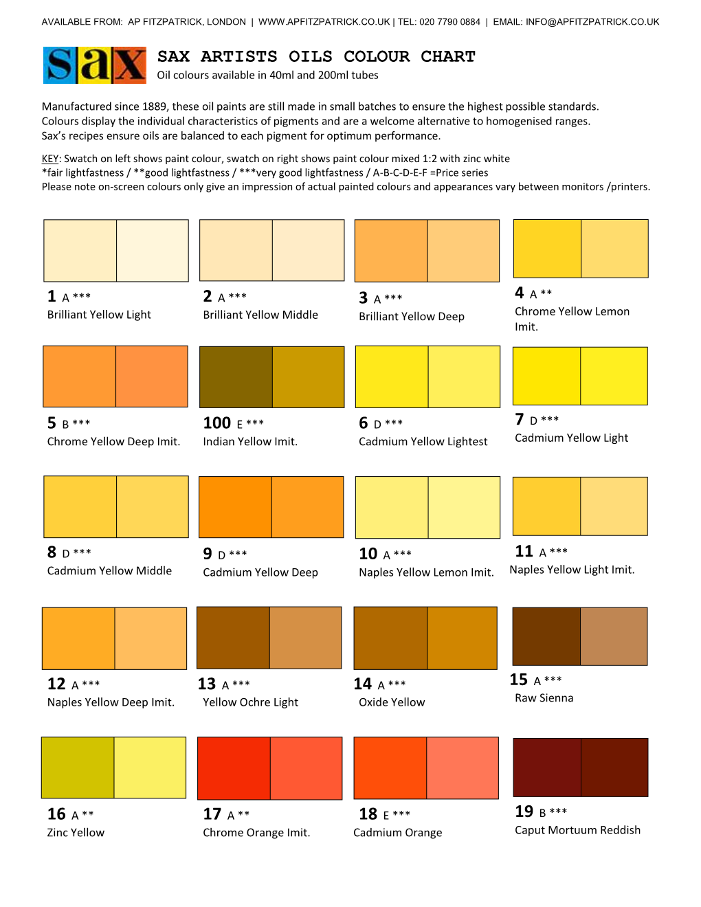 Sax Artists Oils Colour Chart Oil Colours Available In 40ml And 200ml