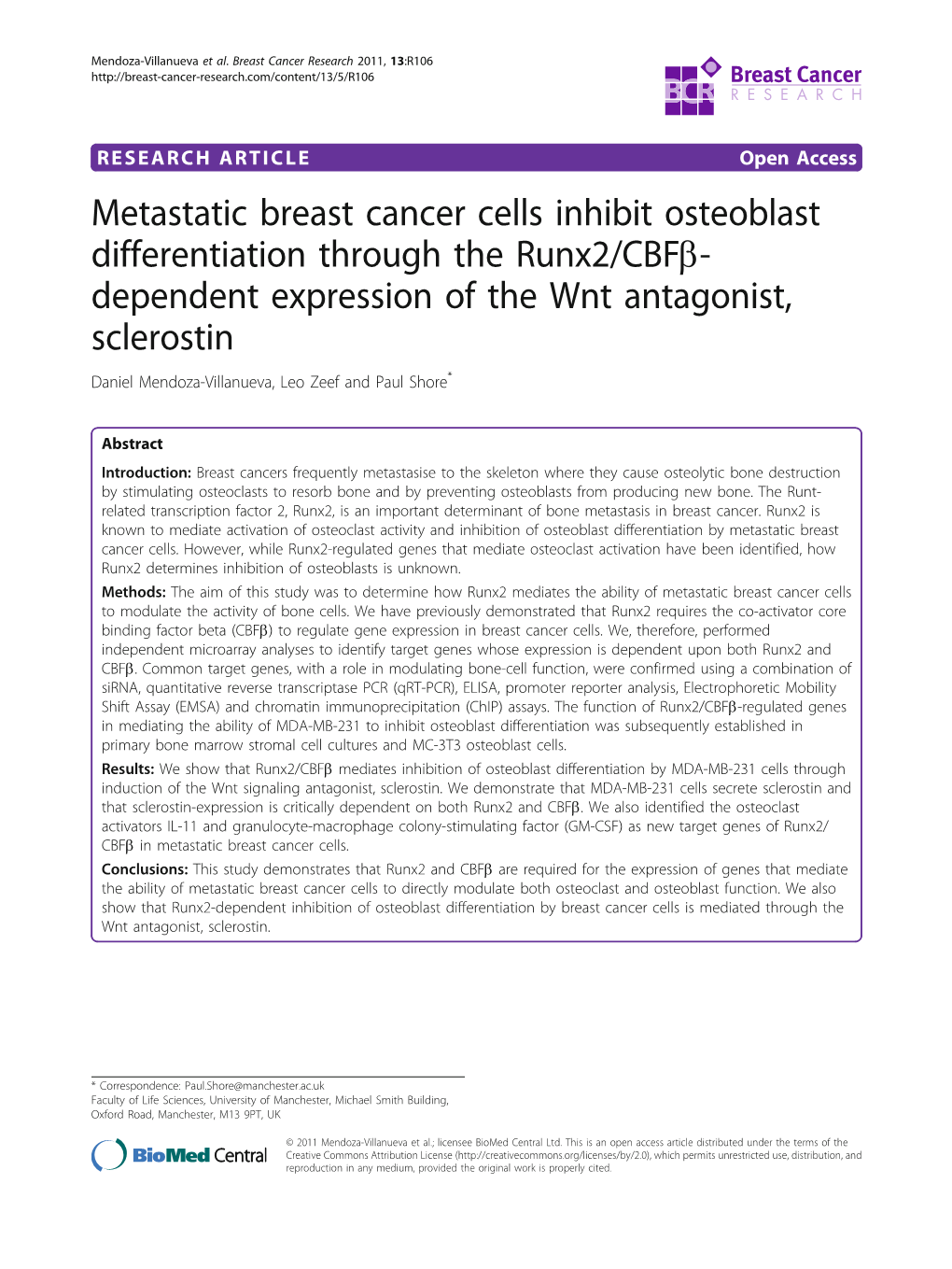 Metastatic Breast Cancer Cells Inhibit Osteoblast Differentiation Through the Runx2/Cbfb