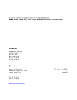 LAKE GRANBURY WATER QUALITY MODELING PROJECT PHASE 1 Draft Report – Data Trend Analysis, Modeling Overview and Recommendations