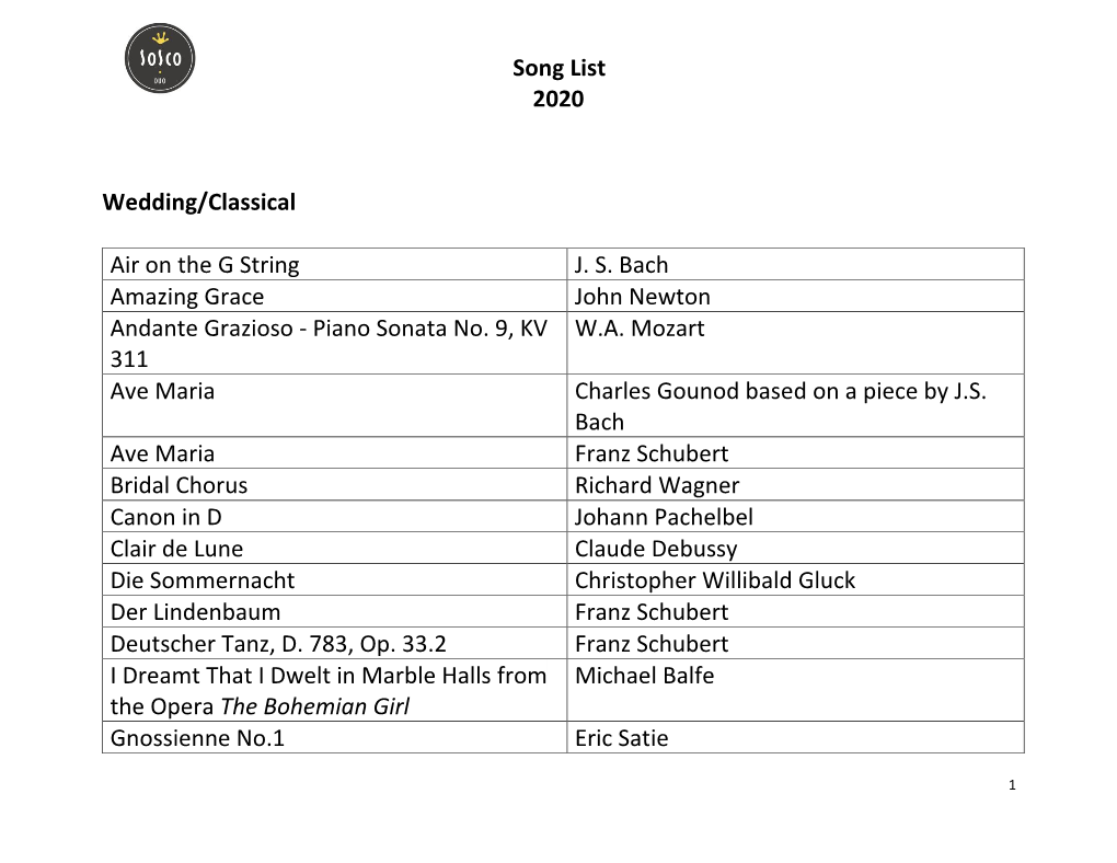 Song List 2020 Wedding/Classical Air