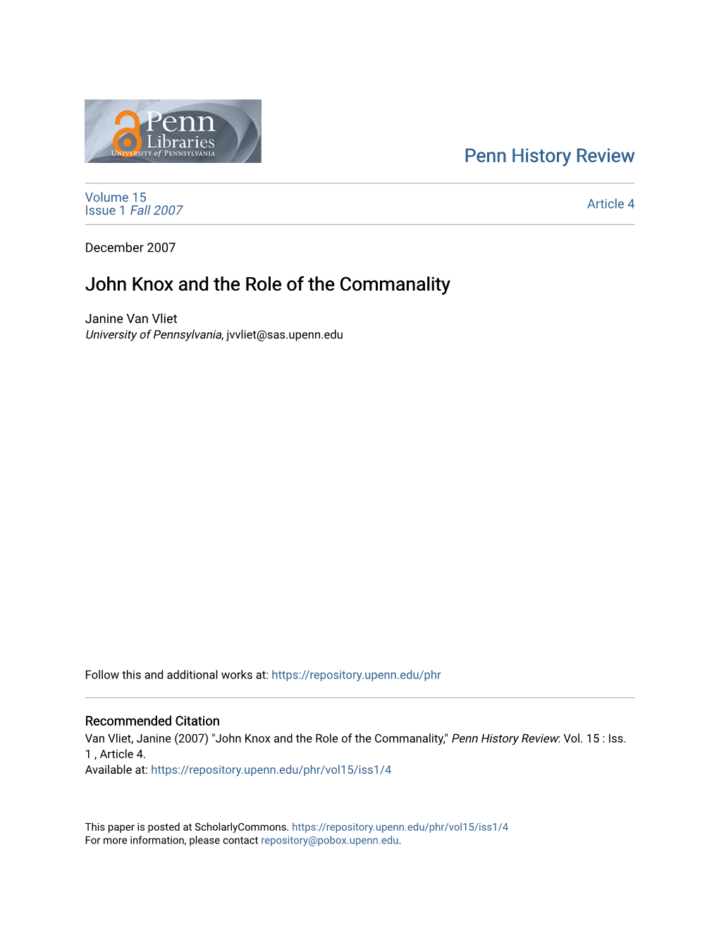 John Knox and the Role of the Commanality