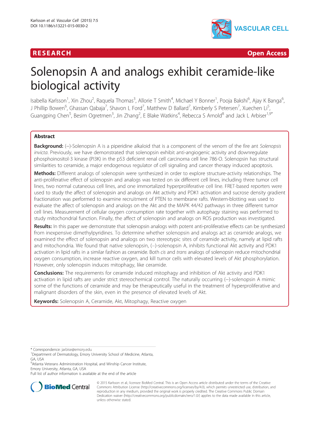 Solenopsin a and Analogs Exhibit Ceramide-Like Biological Activity