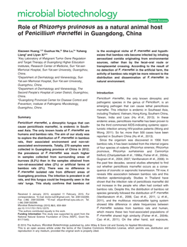 Role of Rhizomys Pruinosus As a Natural Animal Host of Penicillium Marneffei in Guangdong, China