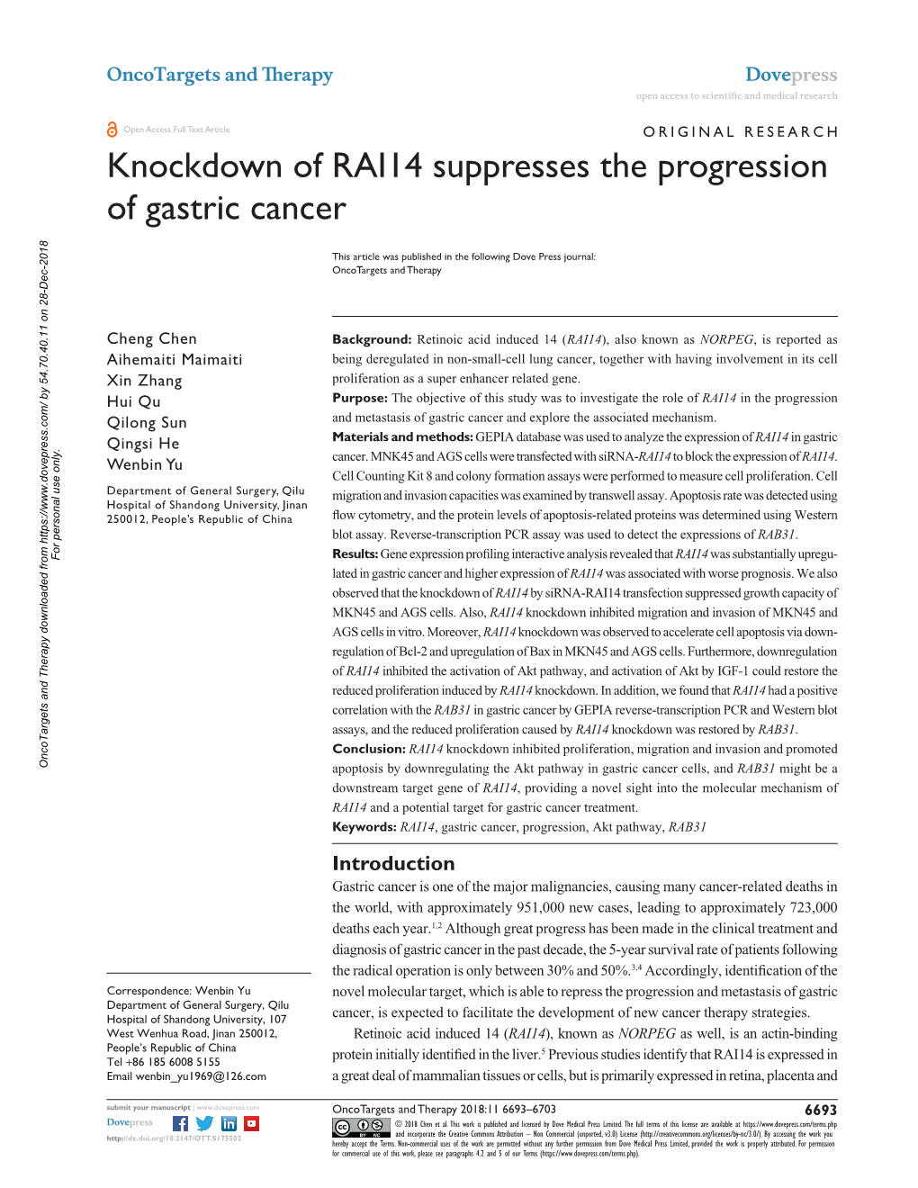 Knockdown of RAI14 Suppresses the Progression of Gastric Cancer