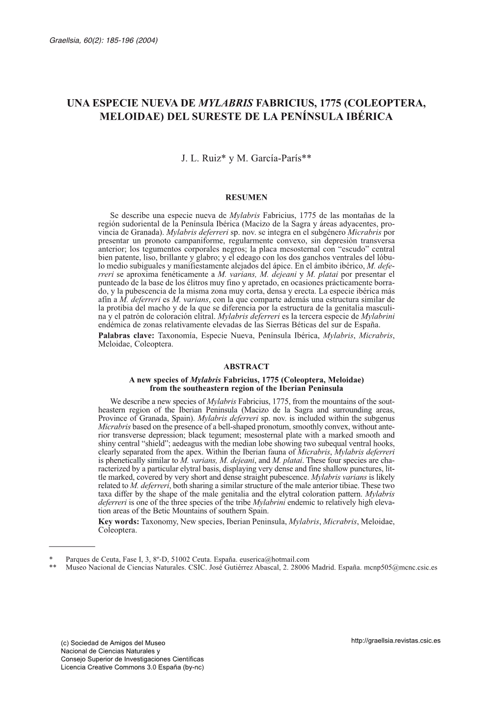 Una Especie Nueva De Mylabris Fabricius, 1775 (Coleoptera, Meloidae) Del Sureste De La Península Ibérica