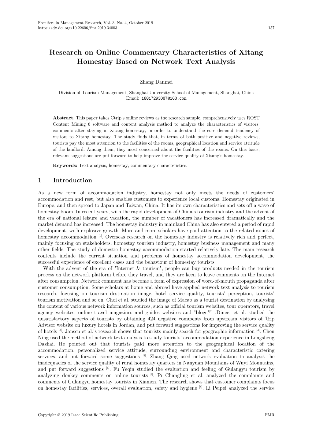 Research on Online Commentary Characteristics of Xitang Homestay Based on Network Text Analysis