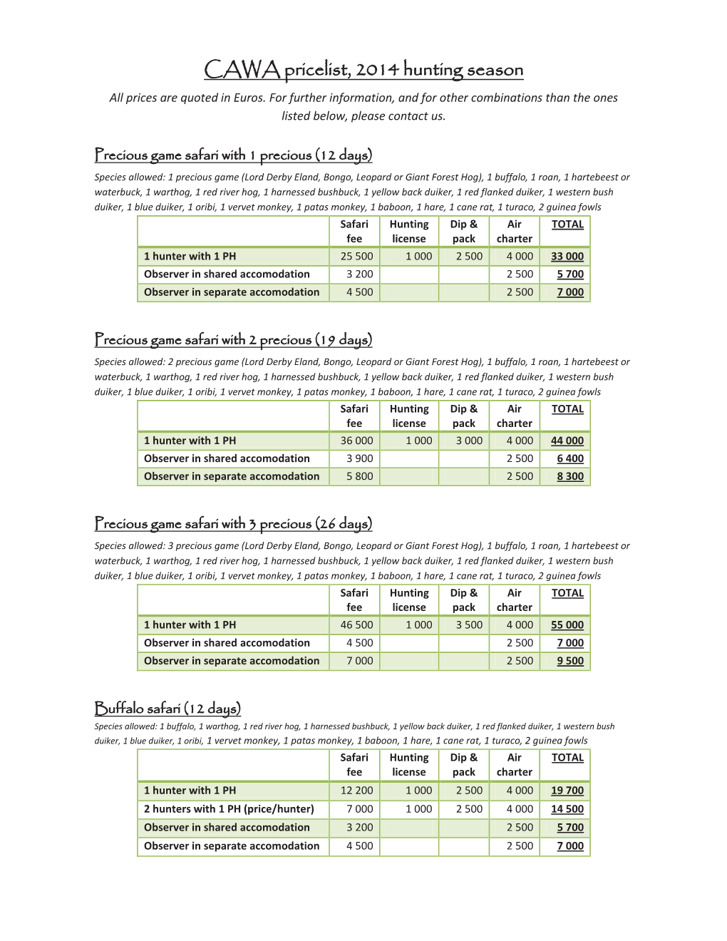 CAWA Pricelist, 2014 Hunting Season