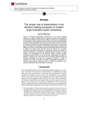 Articles the Proper Role of Shareholders in the Decision-Making Processes of Modern Large Australian Public Companies
