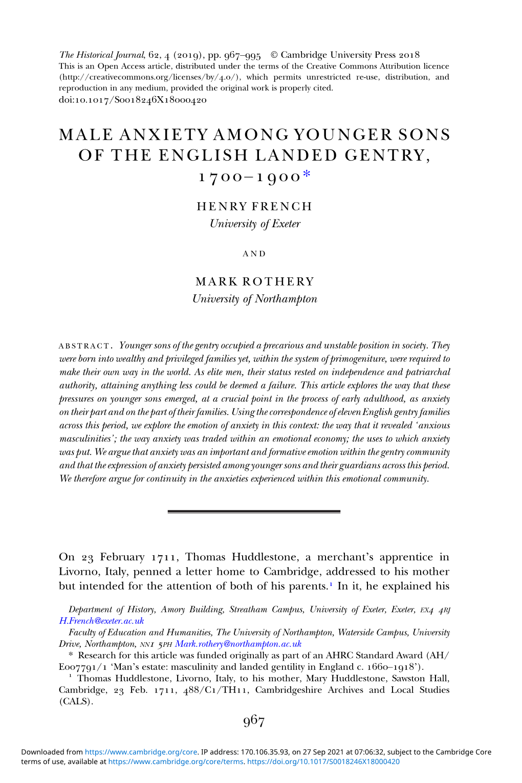 Male Anxiety Among Younger Sons of the English Landed Gentry, – *