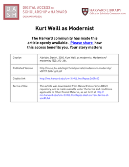 Kurt Weill As Modernist
