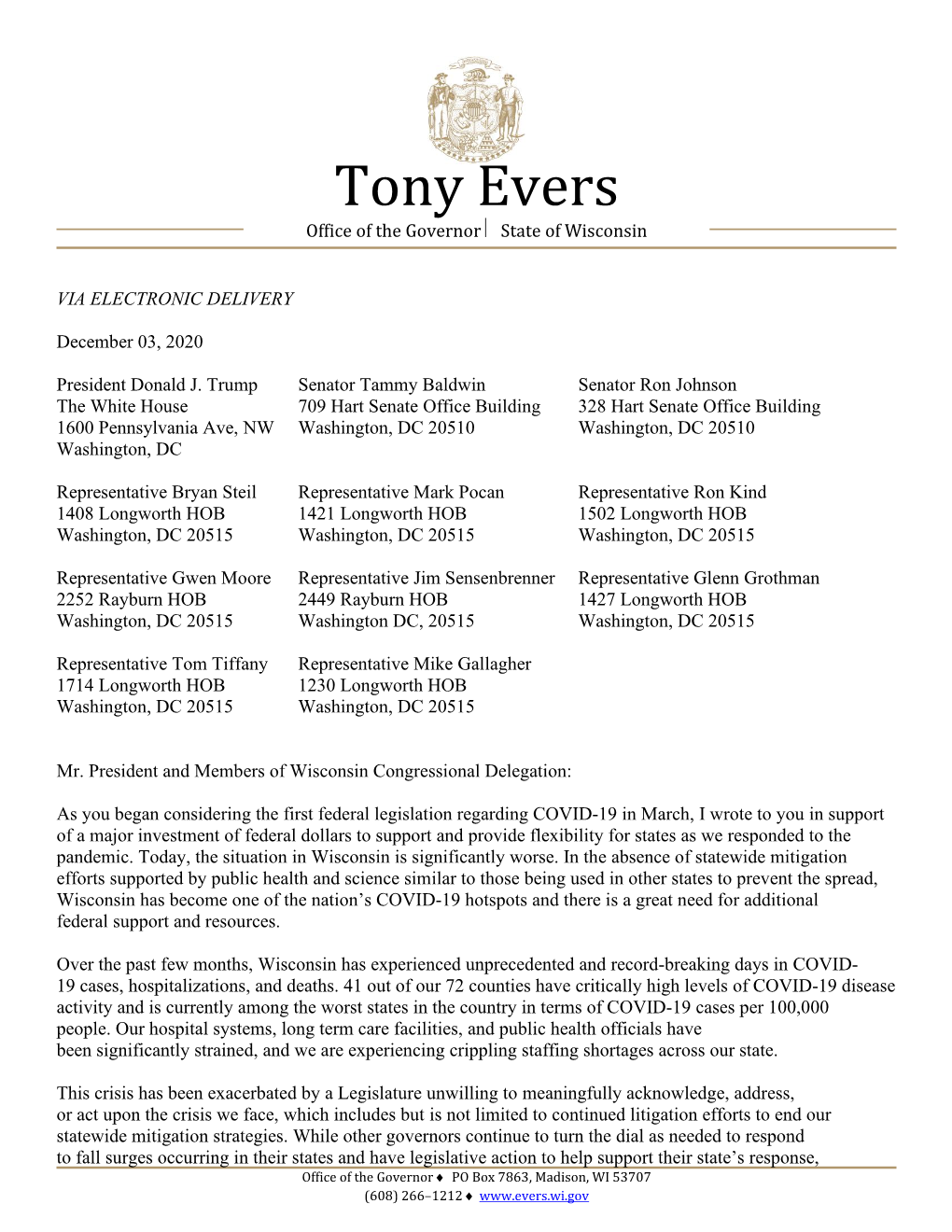 Tony Evers Office of the Governor  State of Wisconsin