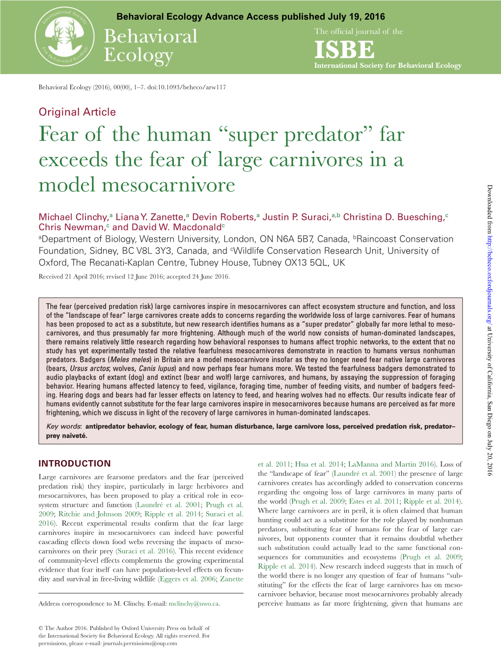 Far Exceeds the Fear of Large Carnivores in a Model Mesocarnivore Downloaded From