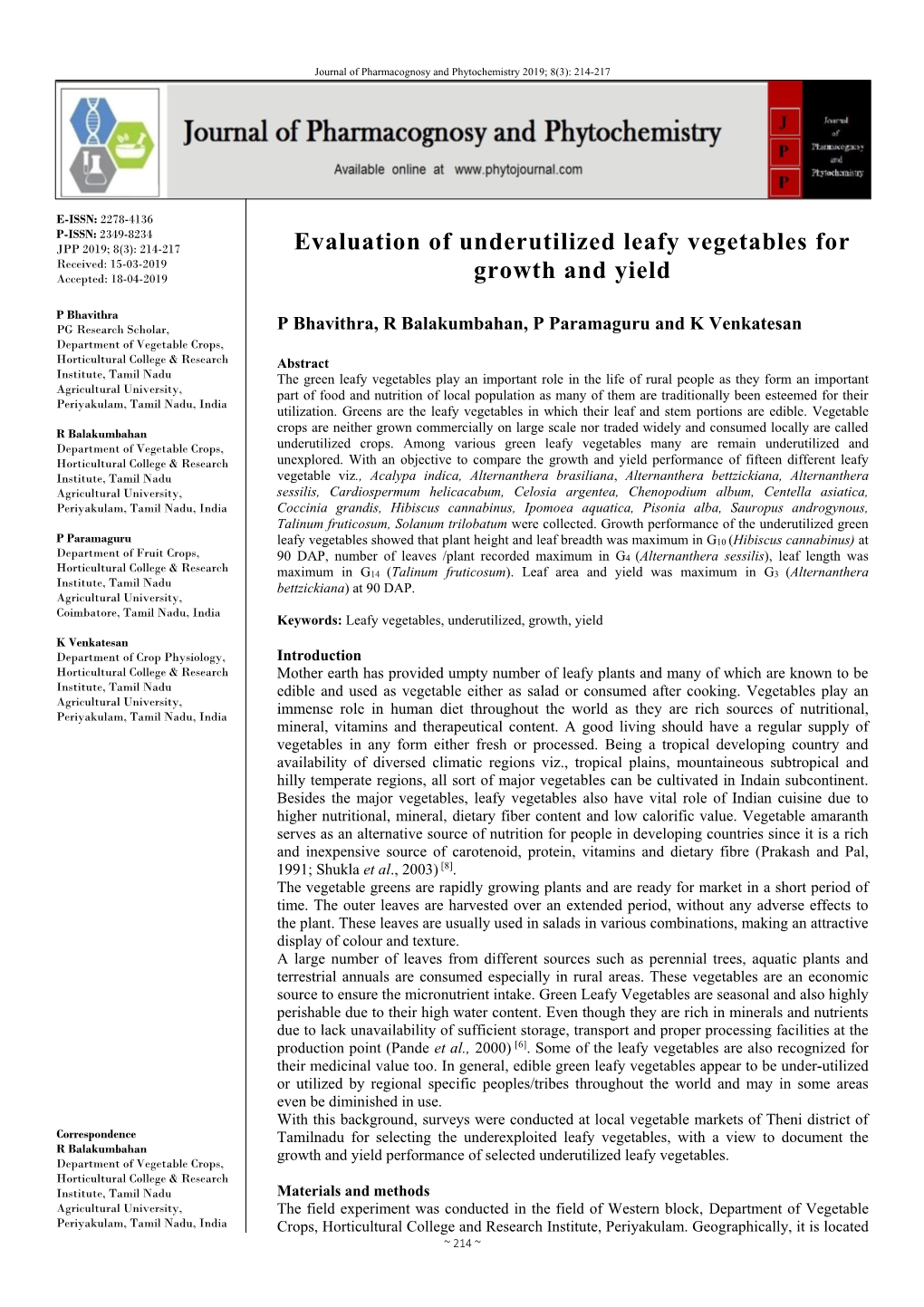 Evaluation of Underutilized Leafy Vegetables for Growth and Yield