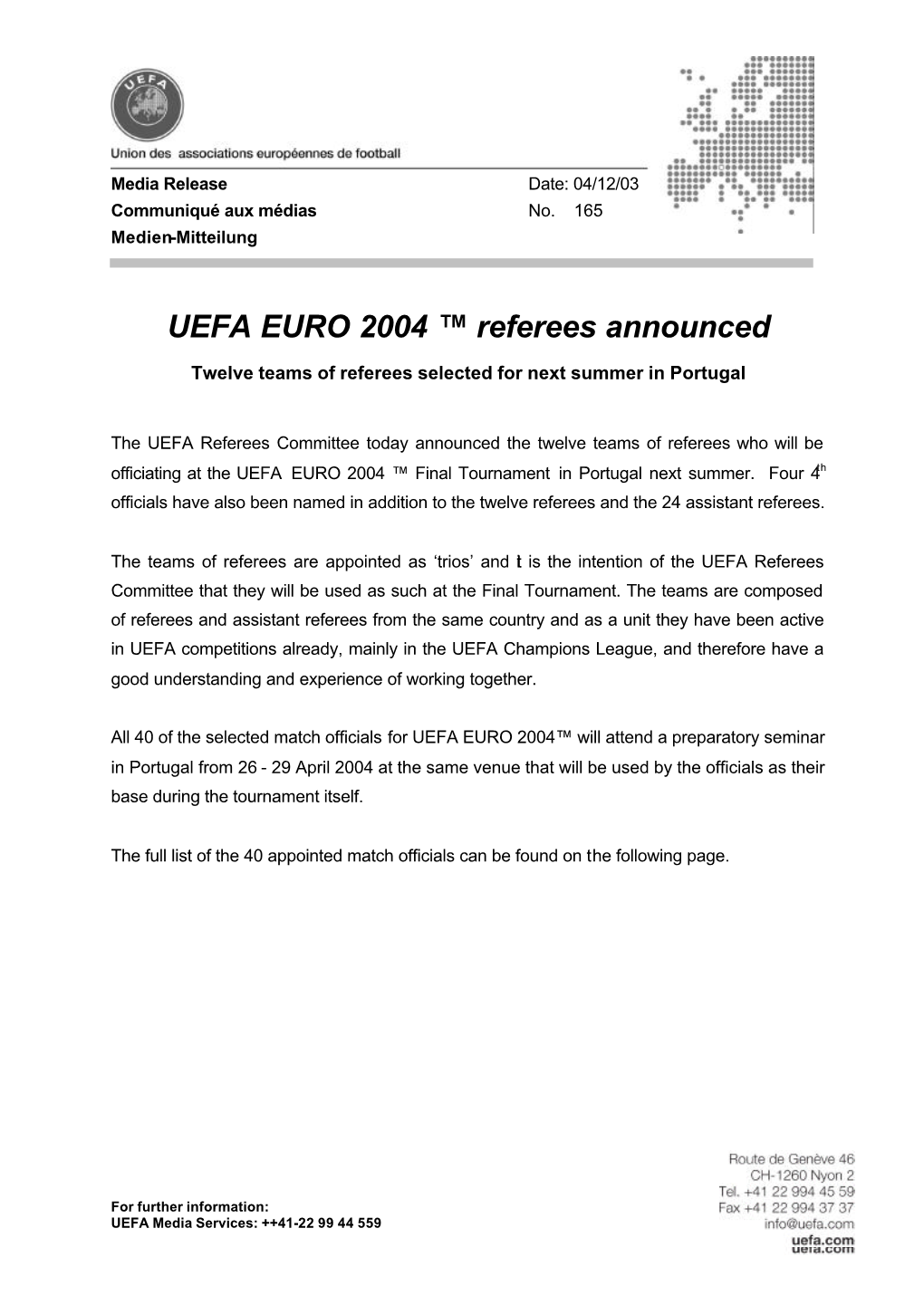 UEFA EURO 2004 ™ Referees Announced