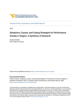 Symptoms, Causes, and Coping Strategies for Performance Anxiety in Singers: a Synthesis of Research