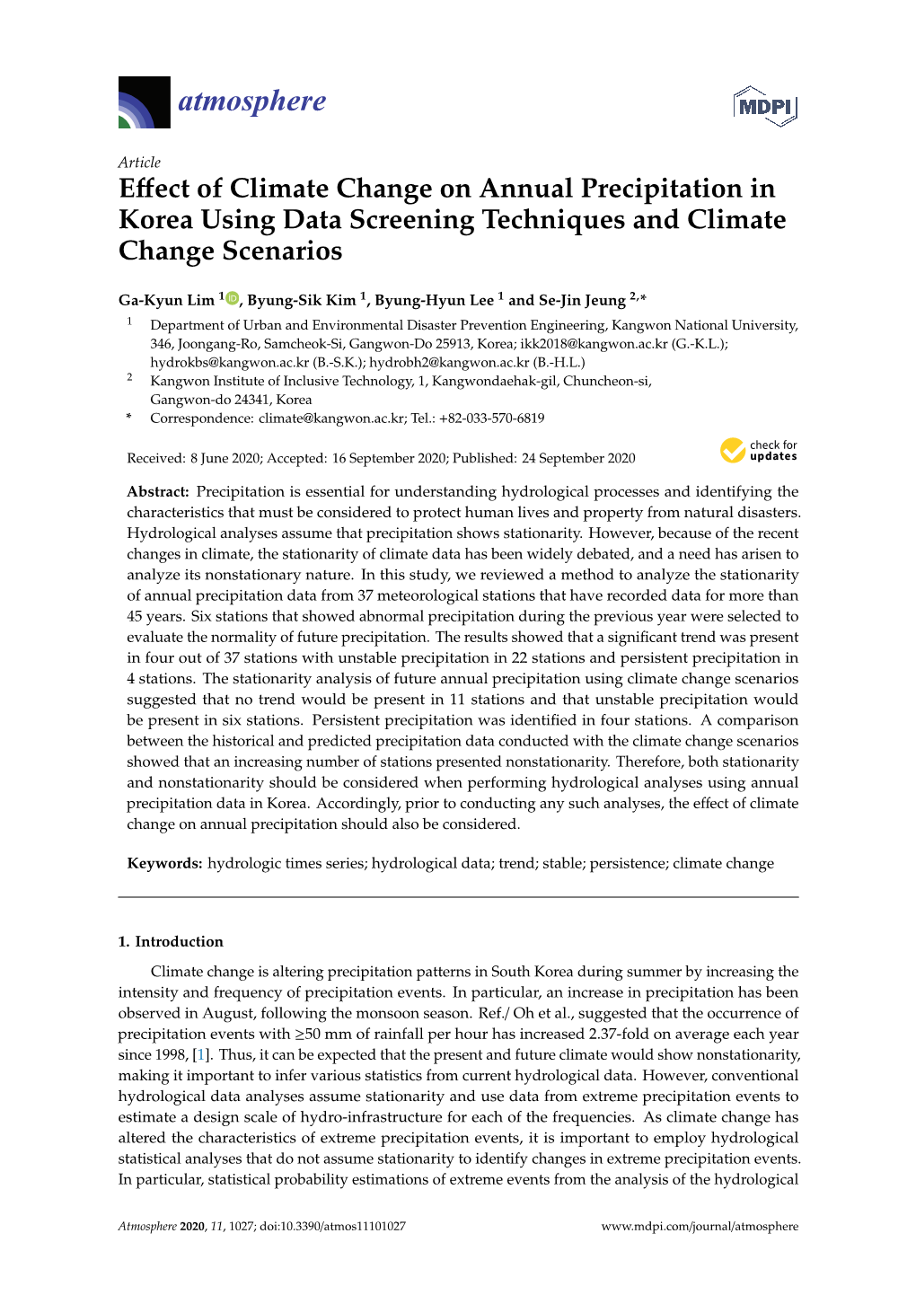 Effect of Climate Change on Annual Precipitation in Korea Using Data