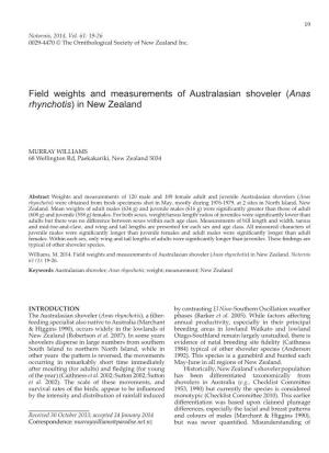 Field Weights and Measurements of Australasian Shoveler (Anas Rhynchotis) in New Zealand