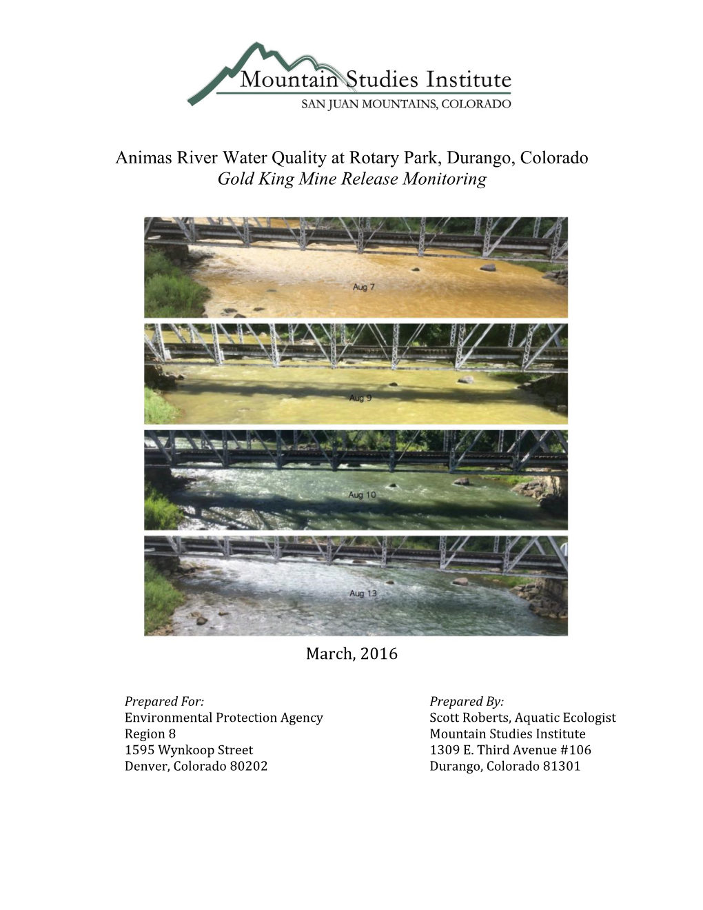 Animas River Water Quality at Rotary Park, Durango, Colorado Gold King Mine Release Monitoring