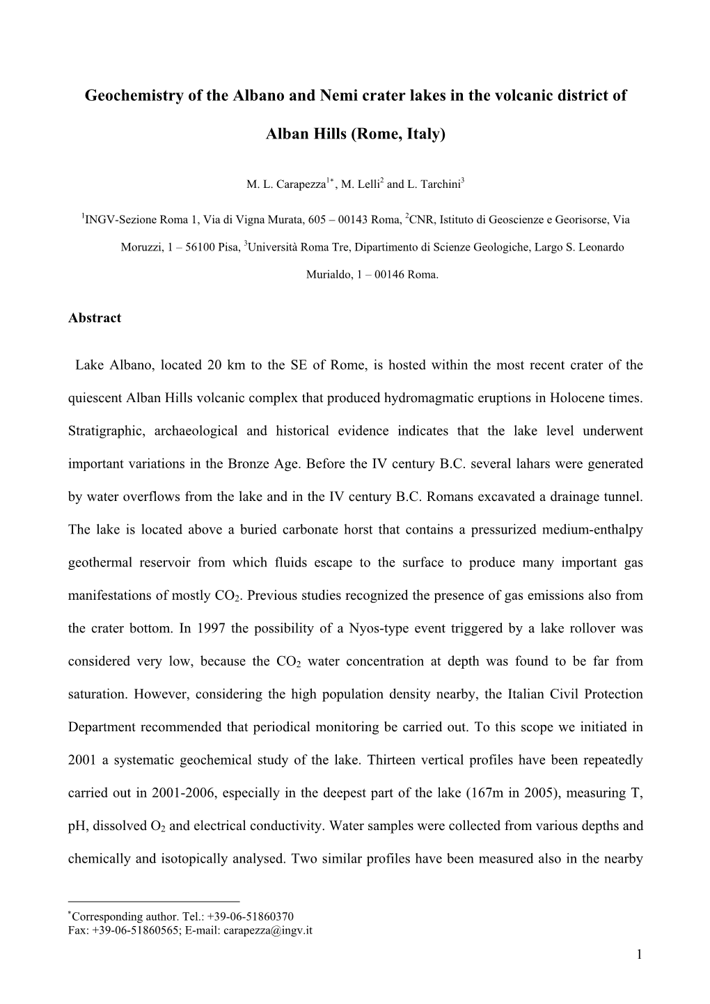 Geochemistry of the Crater Lakes Albano and Nemi in the Volcanic