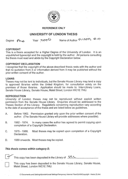 UNIVERSITY of LONDON THESIS This Thesis Comes Within Category D