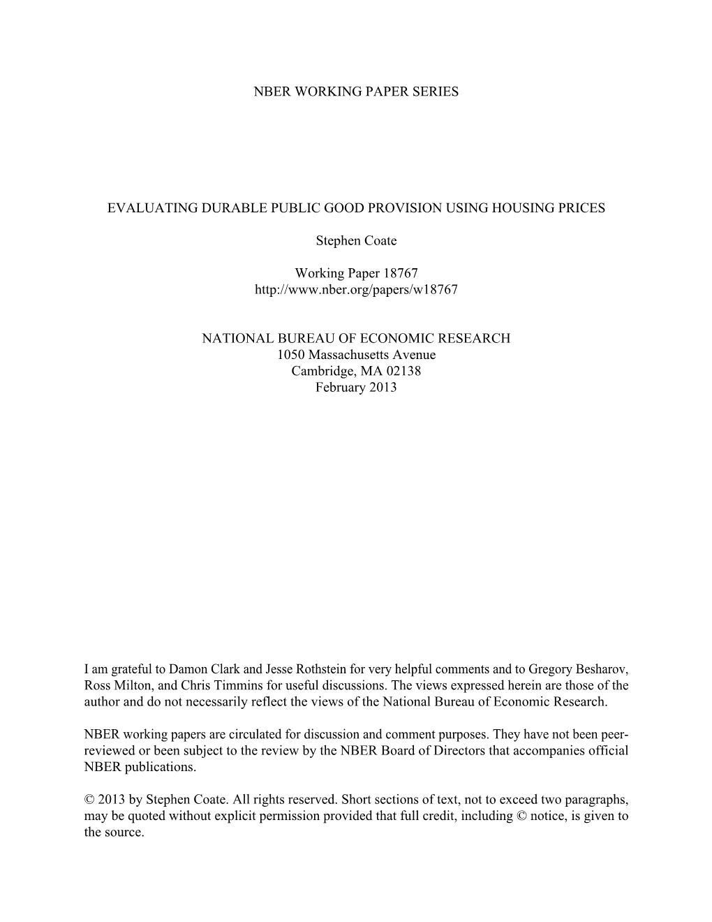 Nber Working Paper Series Evaluating Durable Public