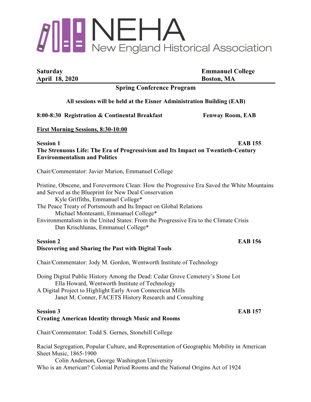 Saturday Emmanuel College April 18, 2020 Boston, MA Spring Conference Program