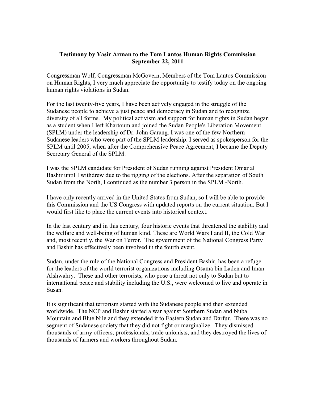 Testimony by Yasir Arman to the Tom Lantos Human Rights Commission September 22, 2011