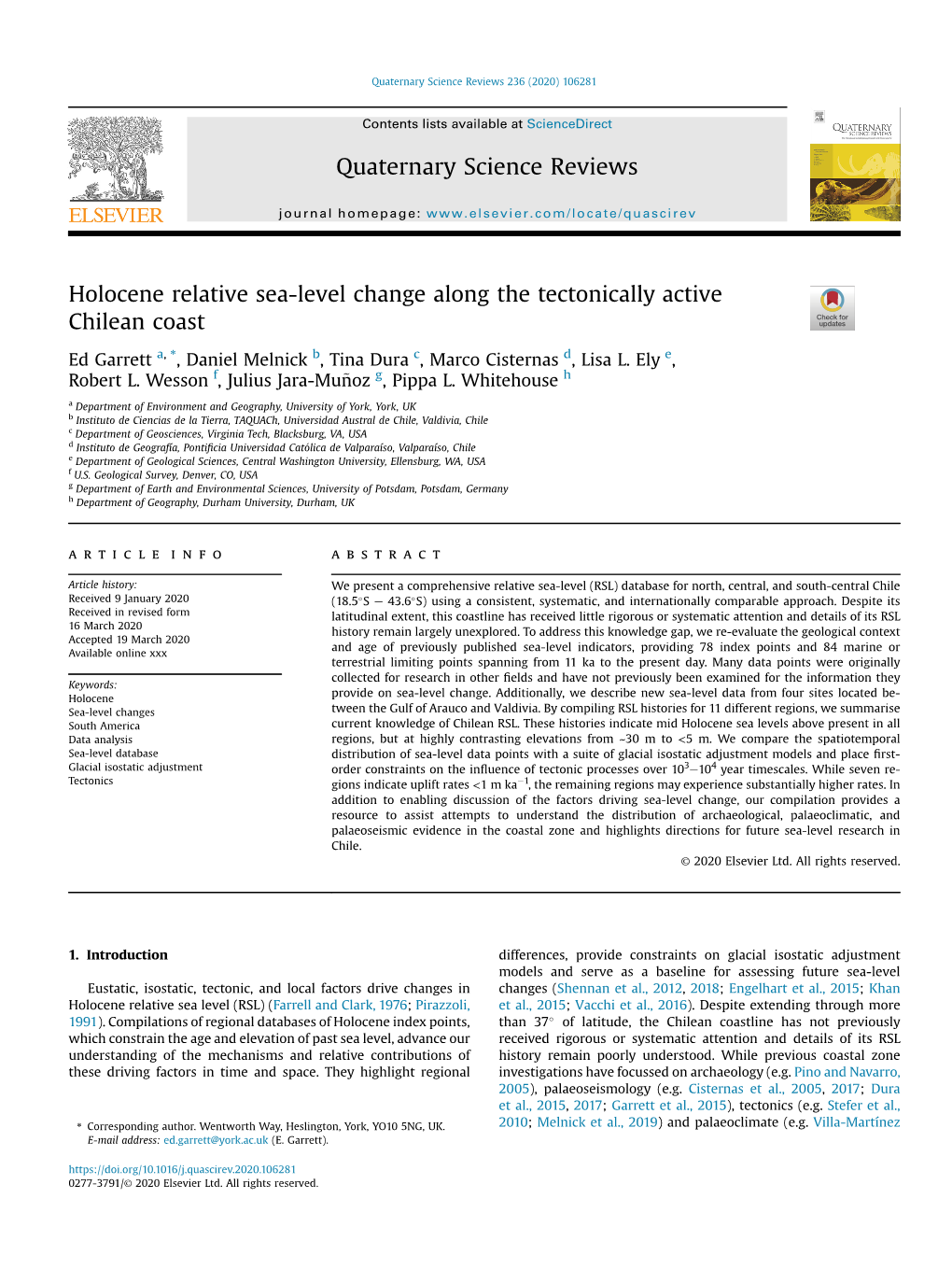 Holocene Relative Sea-Level Change Along the Tectonically Active Chilean Coast